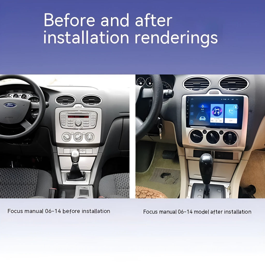 Android smart car head unit with 9-inch touchscreen for Ford Fox, showing interface with climate controls and navigation.