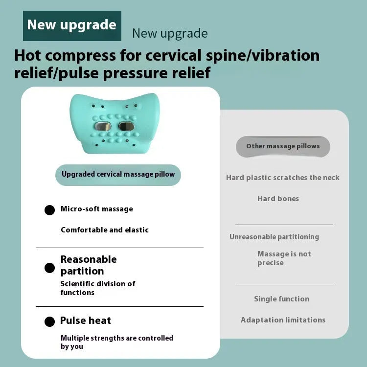 Blue-green portable cervical spine massage pillow showing EMS, heat, and vibration functions
