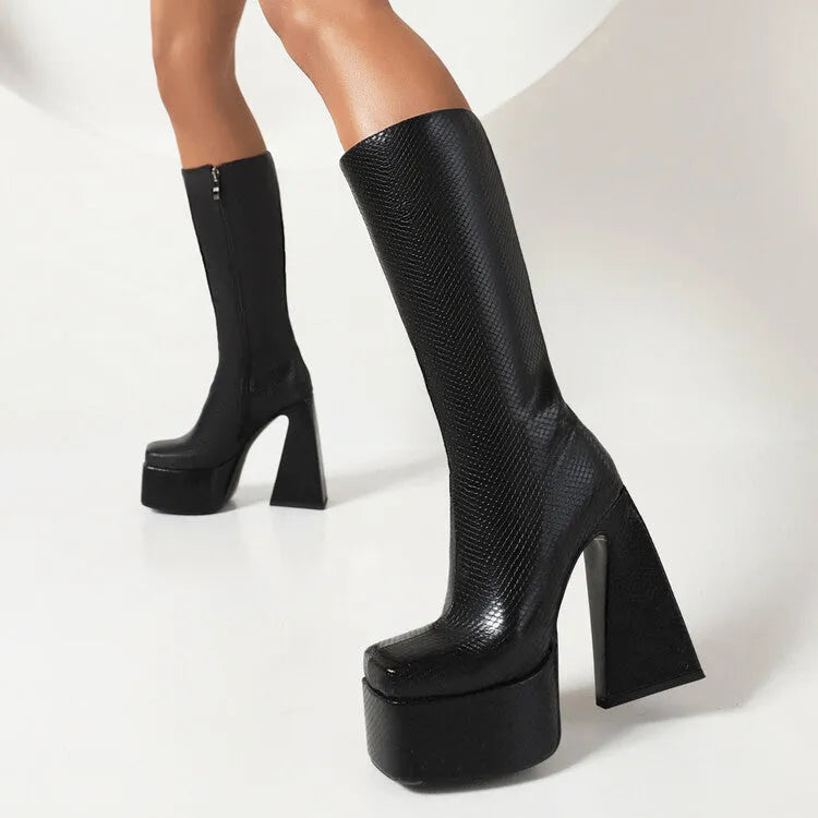 Women's black casual high boots with a PU upper, shown from the side.