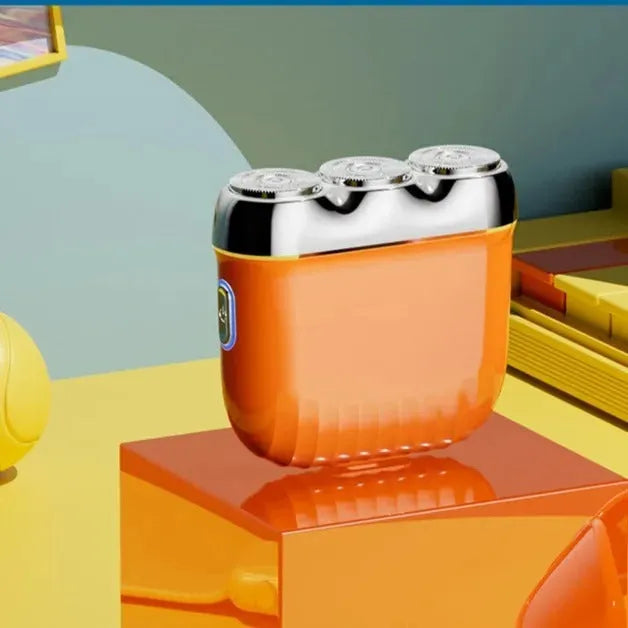 Three-head magnetic electric shaver in four colour options showing floating cutter design