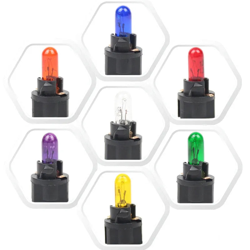 T5 12 volt 1.2 watt car dashboard indicator light bulb in red, blue, green, amber, yellow, and purple colours.