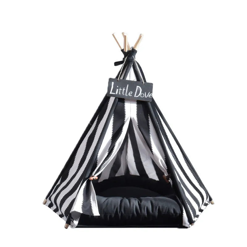 Detachable pentagonal pet tent in black and white stripes with cotton canvas cover and New Zealand pine frame