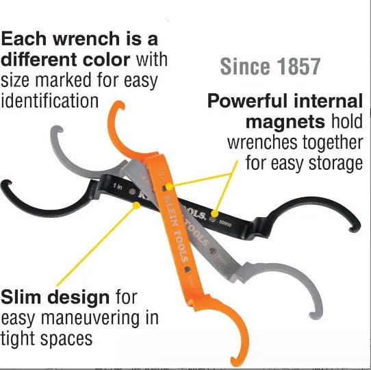 Three magnetic crescent wrenches in orange, grey, and black with locking mechanism and suction feature