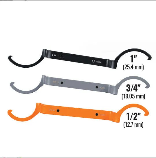 Three magnetic crescent wrenches in orange, grey, and black with locking mechanism and suction feature