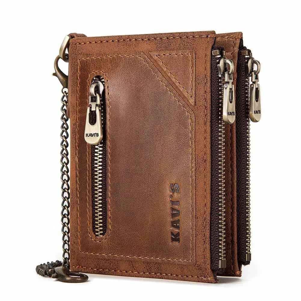Brown genuine leather men's wallet with chain detail and RFID anti-theft protection