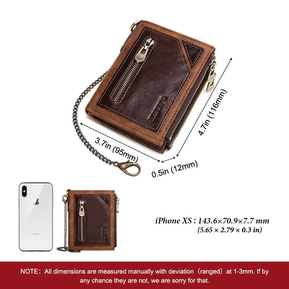 Brown genuine leather men's wallet with chain detail and RFID anti-theft protection