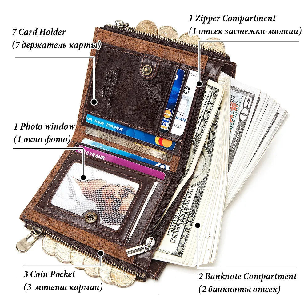 Brown genuine leather men's wallet with chain detail and RFID anti-theft protection