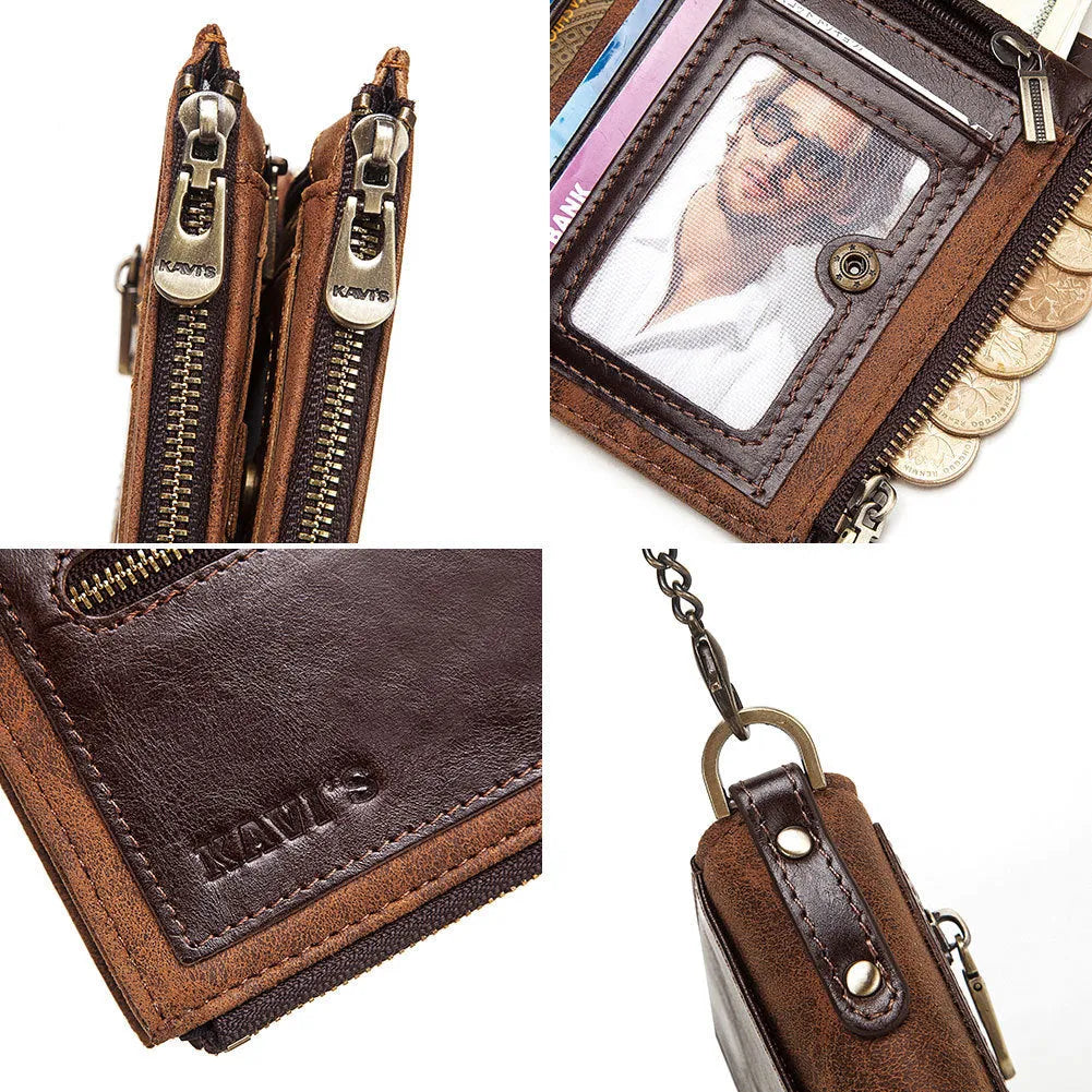 Brown genuine leather men's wallet with chain detail and RFID anti-theft protection