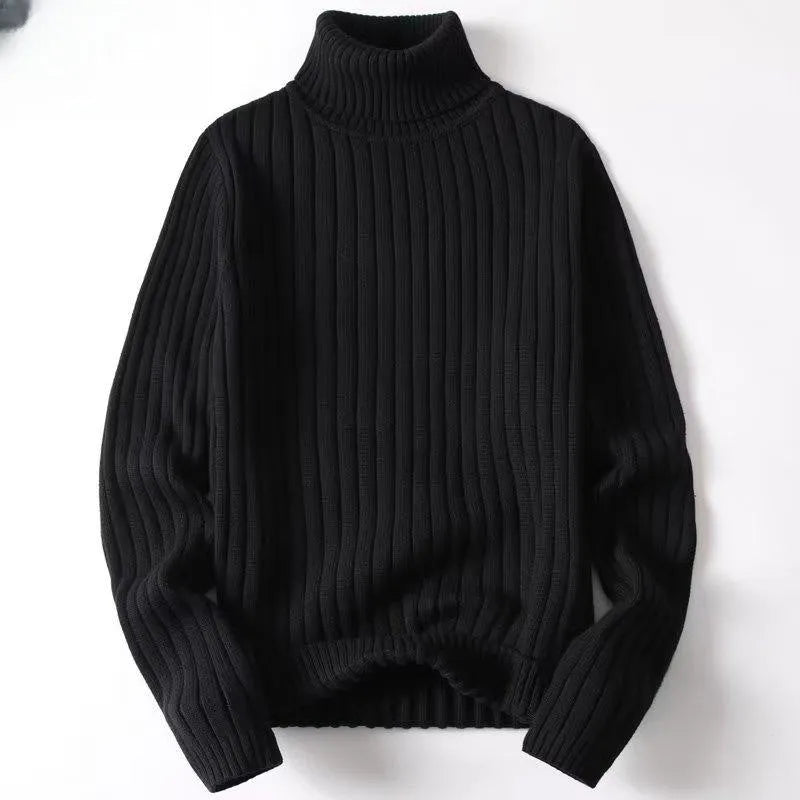 Men's turtleneck sweater in loose fit pullover style, twist strip fabric, available in black, brown, grey, and white