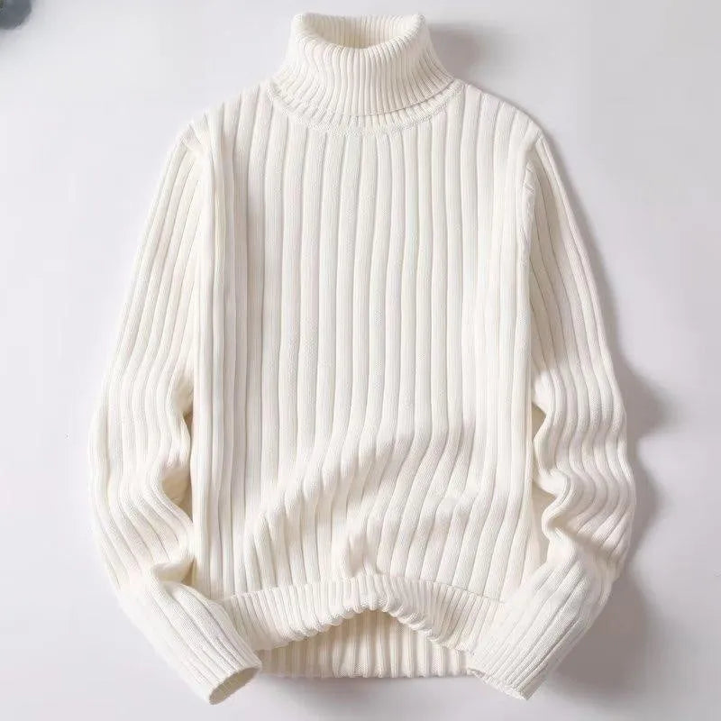 Men's turtleneck sweater in loose fit pullover style, twist strip fabric, available in black, brown, grey, and white