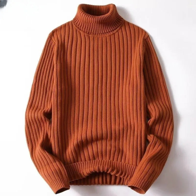 Men's turtleneck sweater in loose fit pullover style, twist strip fabric, available in black, brown, grey, and white