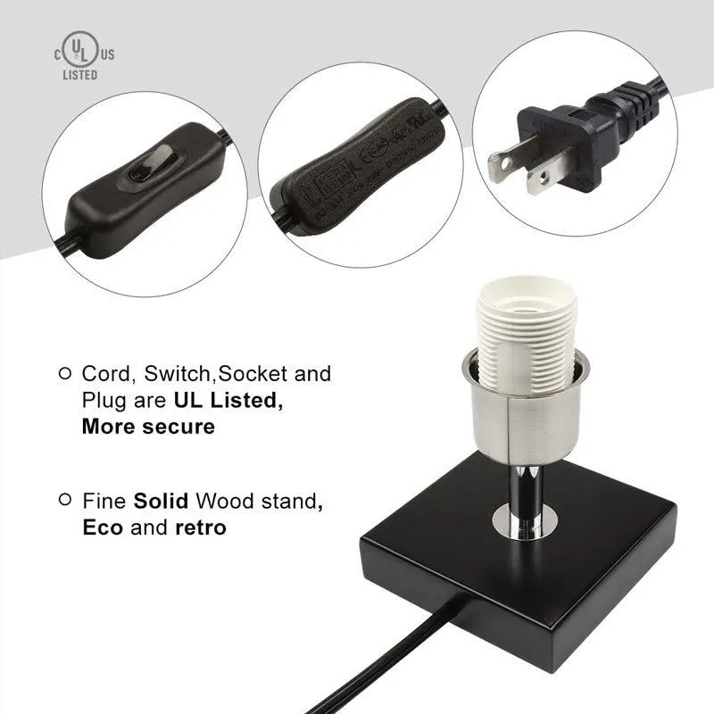 Modern square cloth covered table lamp with E26 socket on a wooden desk