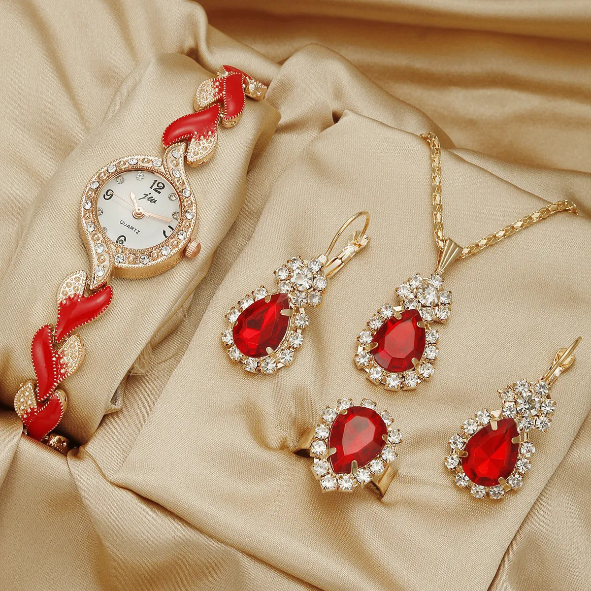 Women's love strap diamond watch with heart-design strap and rhinestone dial in black or red, 21cm total length