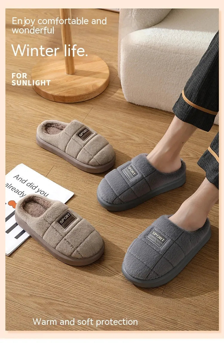 Men's grey plaid rabbit hair slippers with artificial wool lining and flat EVA sole
