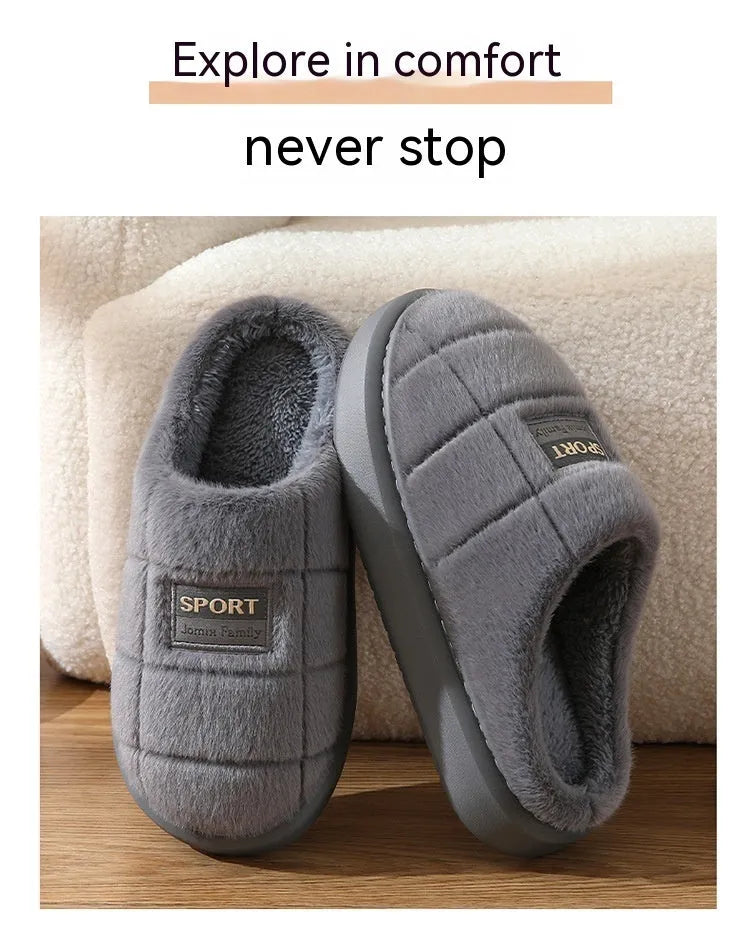 Men's grey plaid rabbit hair slippers with artificial wool lining and flat EVA sole