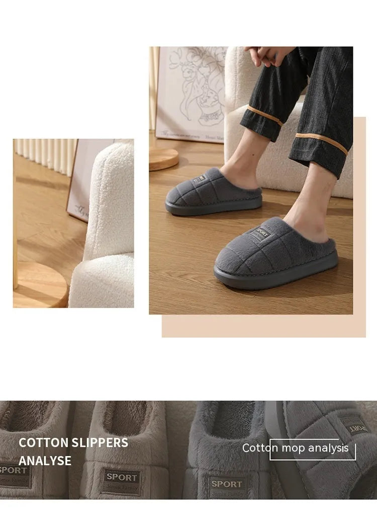 Men's grey plaid rabbit hair slippers with artificial wool lining and flat EVA sole