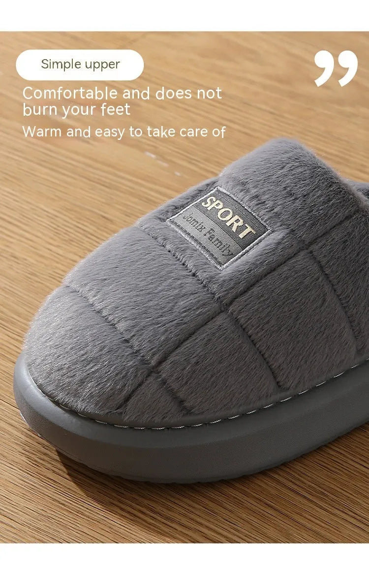 Men's grey plaid rabbit hair slippers with artificial wool lining and flat EVA sole