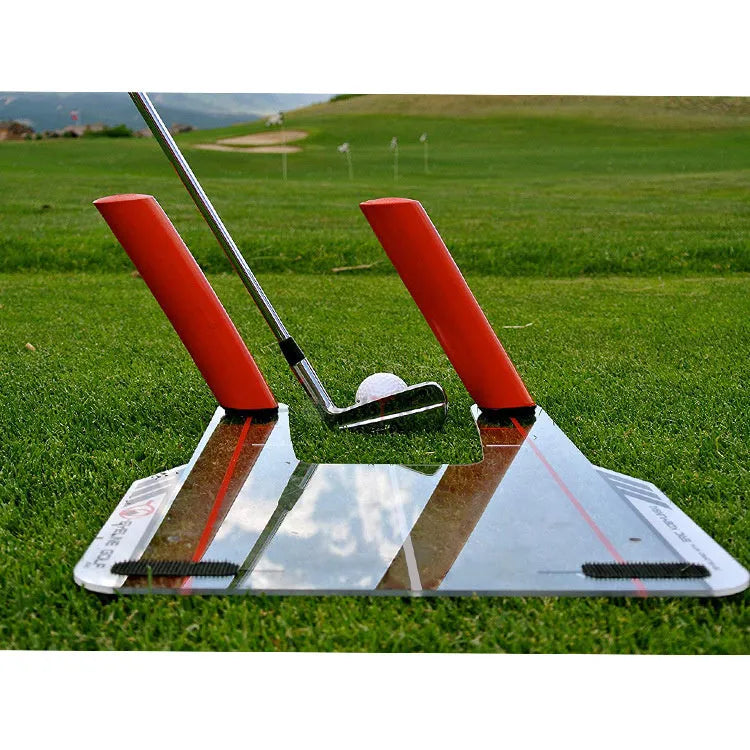 Red plastic putting practice mirror for golf alignment training, compact size