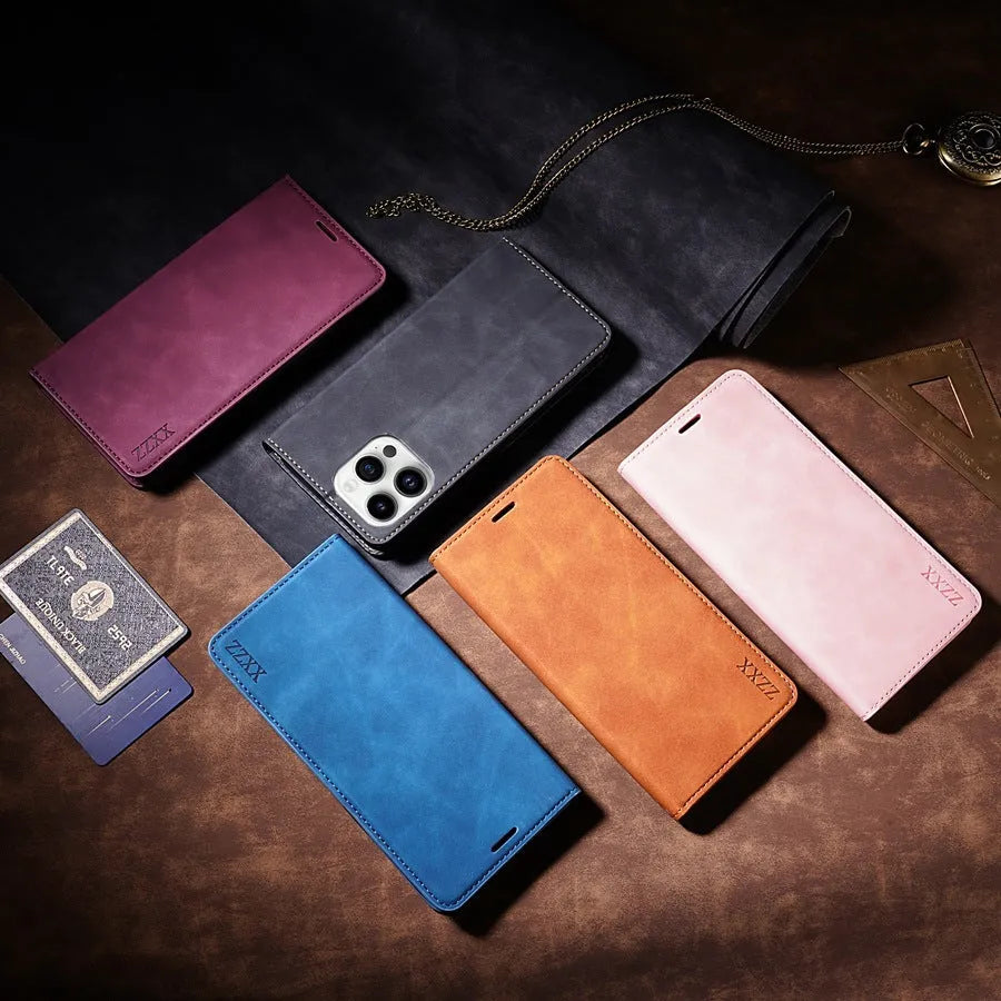 Leather-style TPU protective case for iPhone with card slots and kickstand bracket in black
