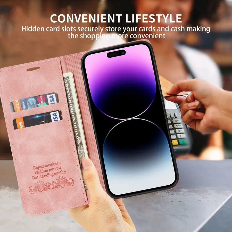 Leather-style TPU protective case for iPhone with card slots and kickstand bracket in black