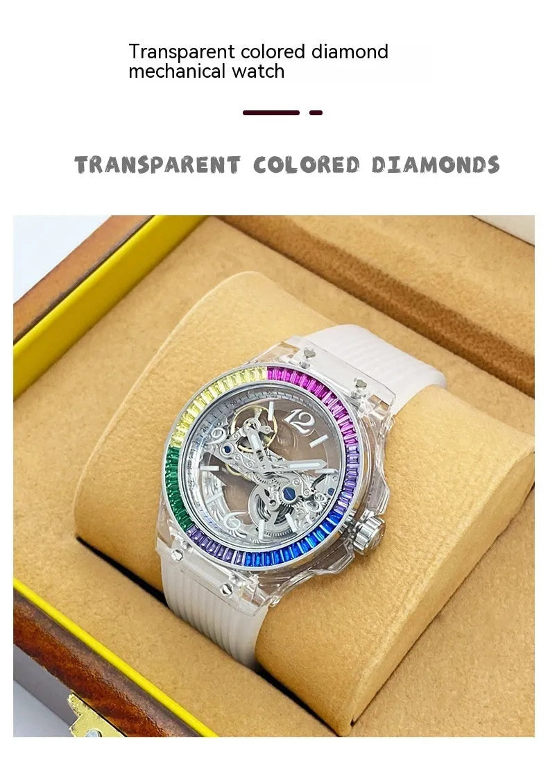 Full-automatic hollow large dial mechanical watch with transparent surface and white strap