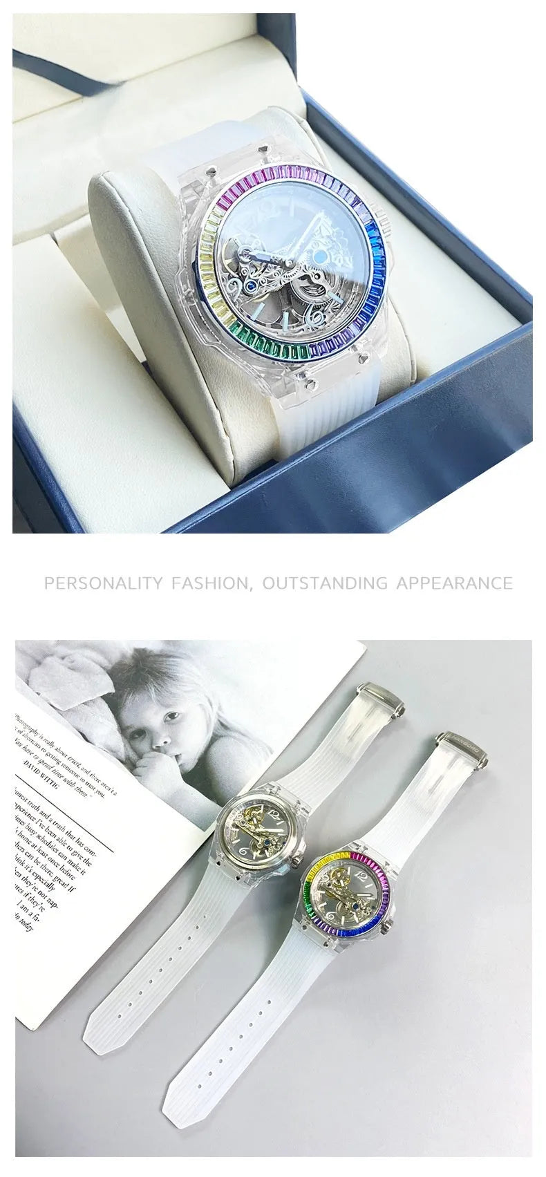 Full-automatic hollow large dial mechanical watch with transparent surface and white strap