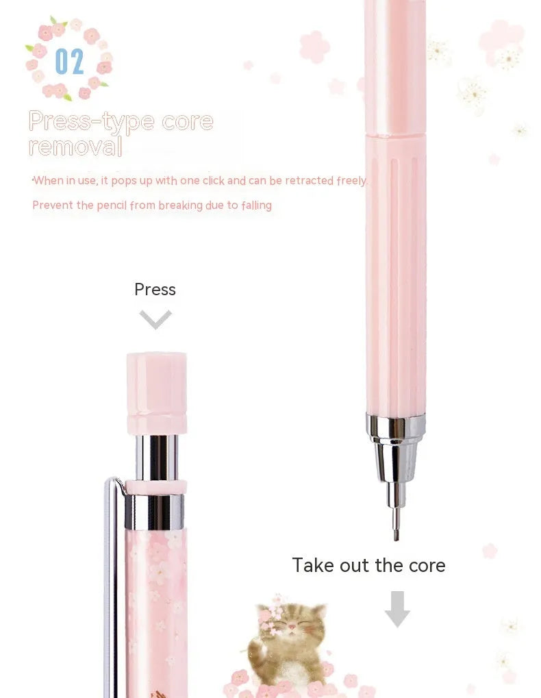 Cartoon style 0.5mm automatic pencil set with three pencils and three HB lead refill boxes.