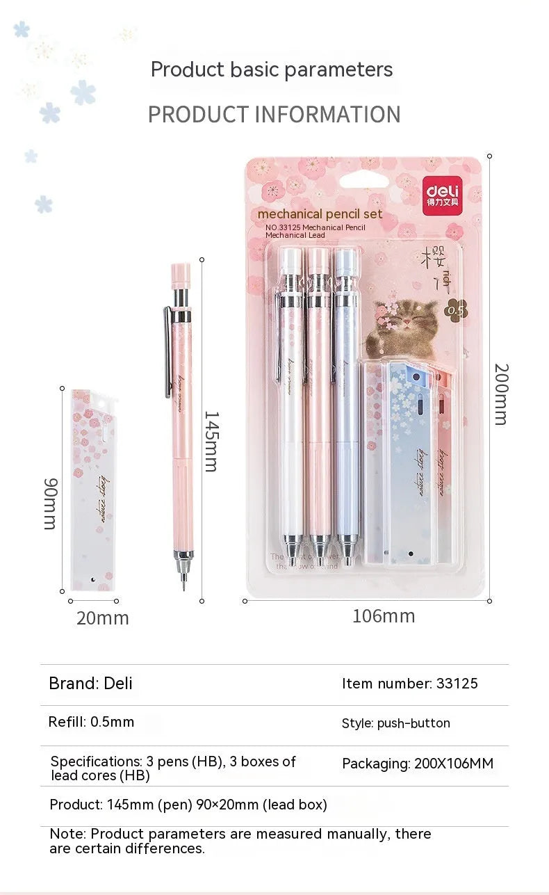 Cartoon style 0.5mm automatic pencil set with three pencils and three HB lead refill boxes.
