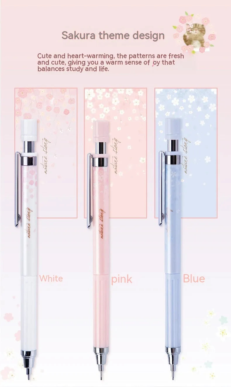 Cartoon style 0.5mm automatic pencil set with three pencils and three HB lead refill boxes.