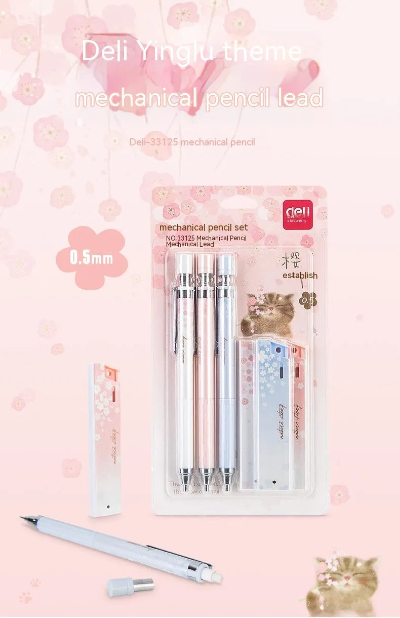 Cartoon style 0.5mm automatic pencil set with three pencils and three HB lead refill boxes.