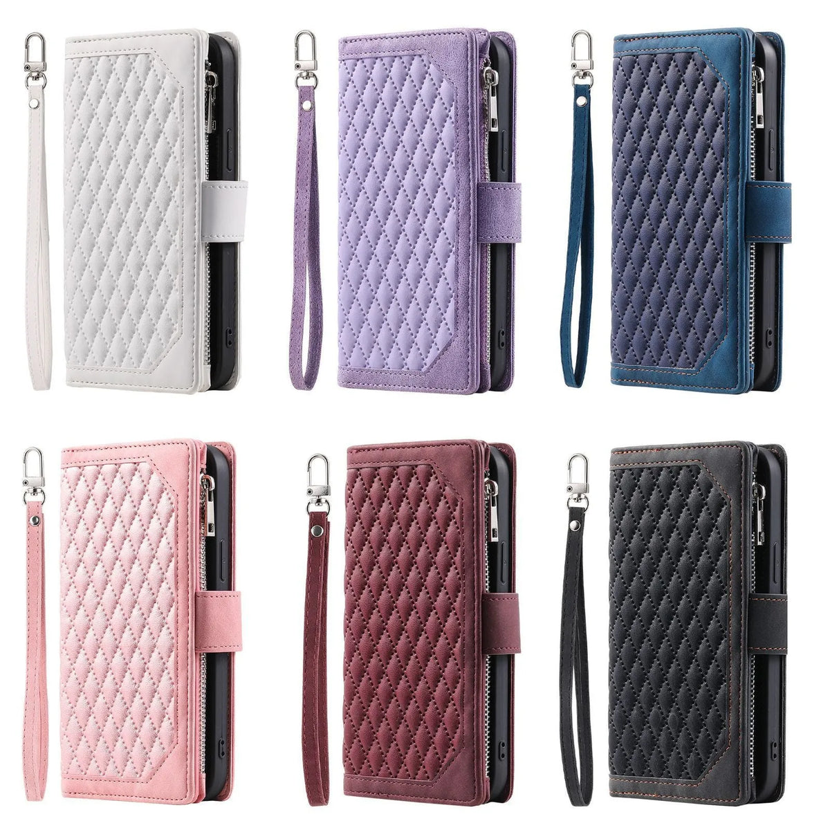 Crossbody plaid multi-functional zipper bag phone case for Samsung Galaxy, flip-over style in black, pink, white, and wine red