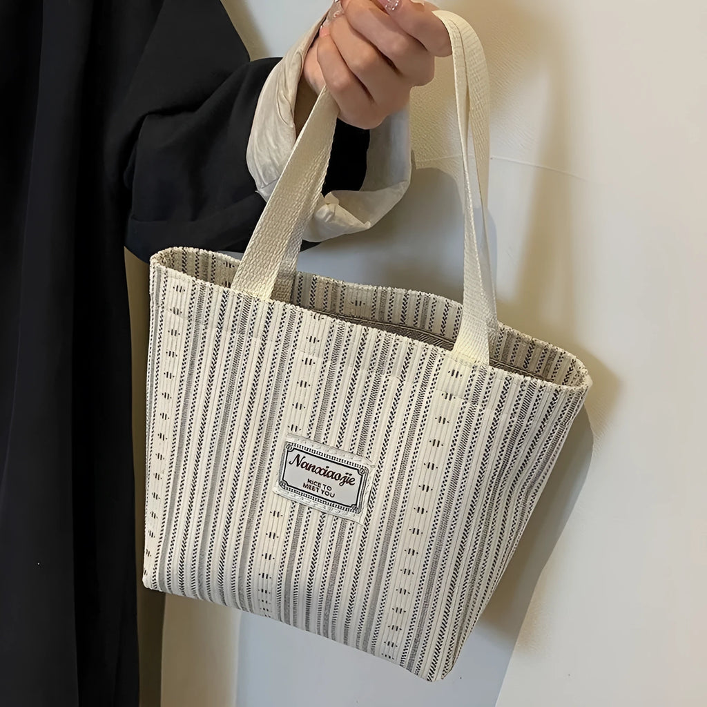 Japanese style large capacity corduroy shoulder tote bag in dark brown colour.