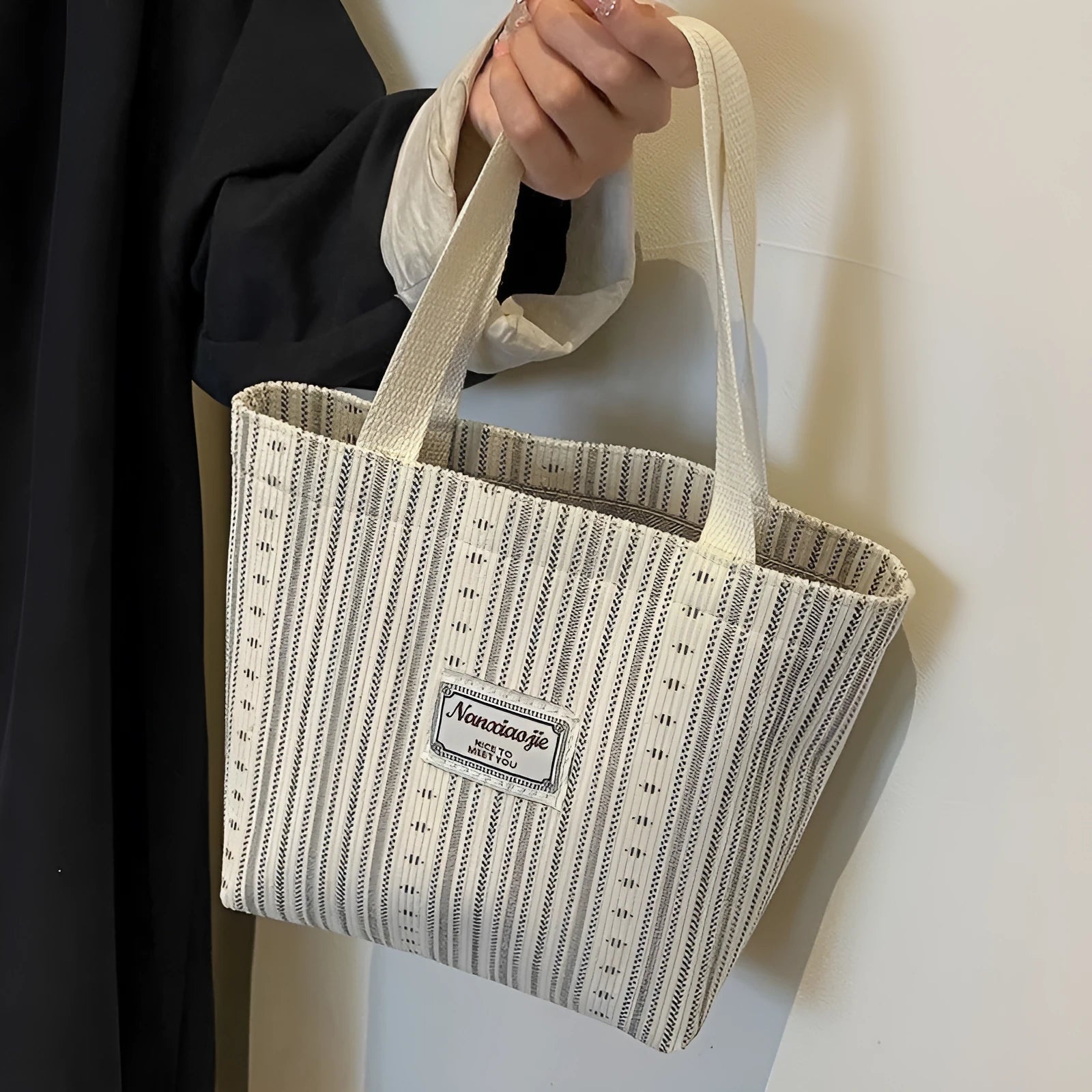 Japanese style large capacity corduroy shoulder tote bag in dark brown colour.