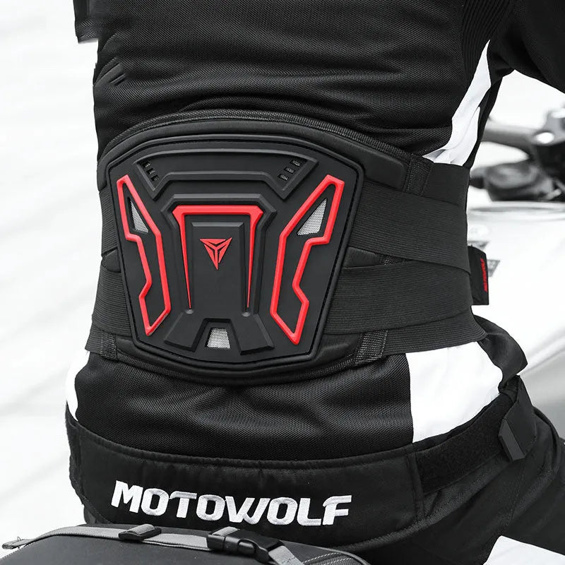 MDL1028 black and red motorcycle waist support harness shown on size chart for M L XL.