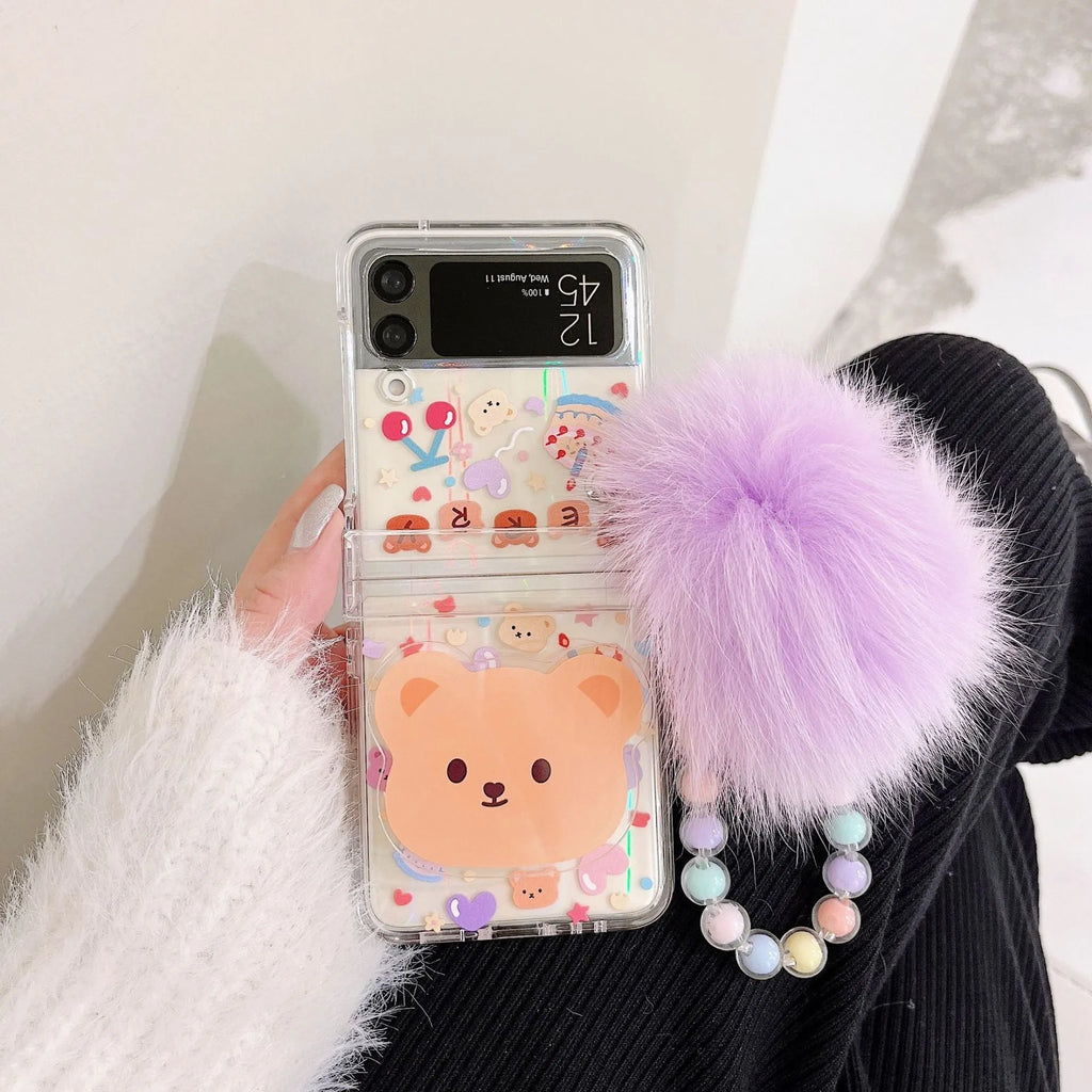 Transparent PC phone case with purple fur ball and cartoon bear head bracket for Samsung ZFlip3 and ZFlip4