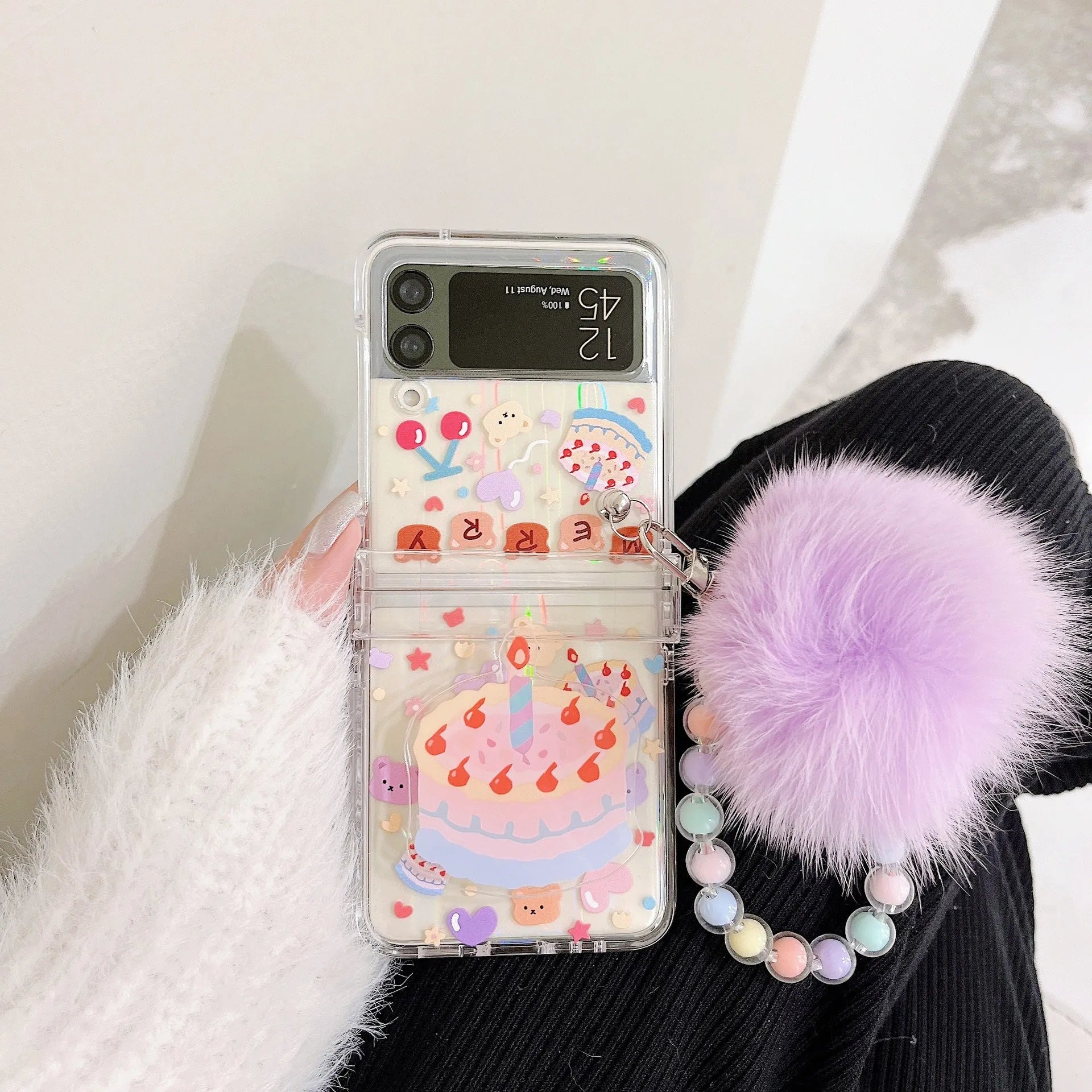Transparent PC phone case with purple fur ball and cartoon bear head bracket for Samsung ZFlip3 and ZFlip4