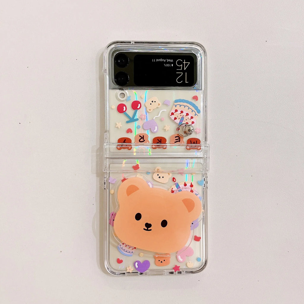 Transparent PC phone case with purple fur ball and cartoon bear head bracket for Samsung ZFlip3 and ZFlip4