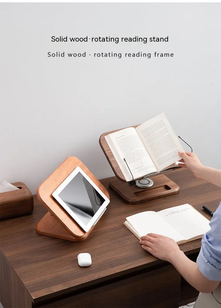 Adjustable walnut-coloured solid wood reading rack holding a book at an angle.
