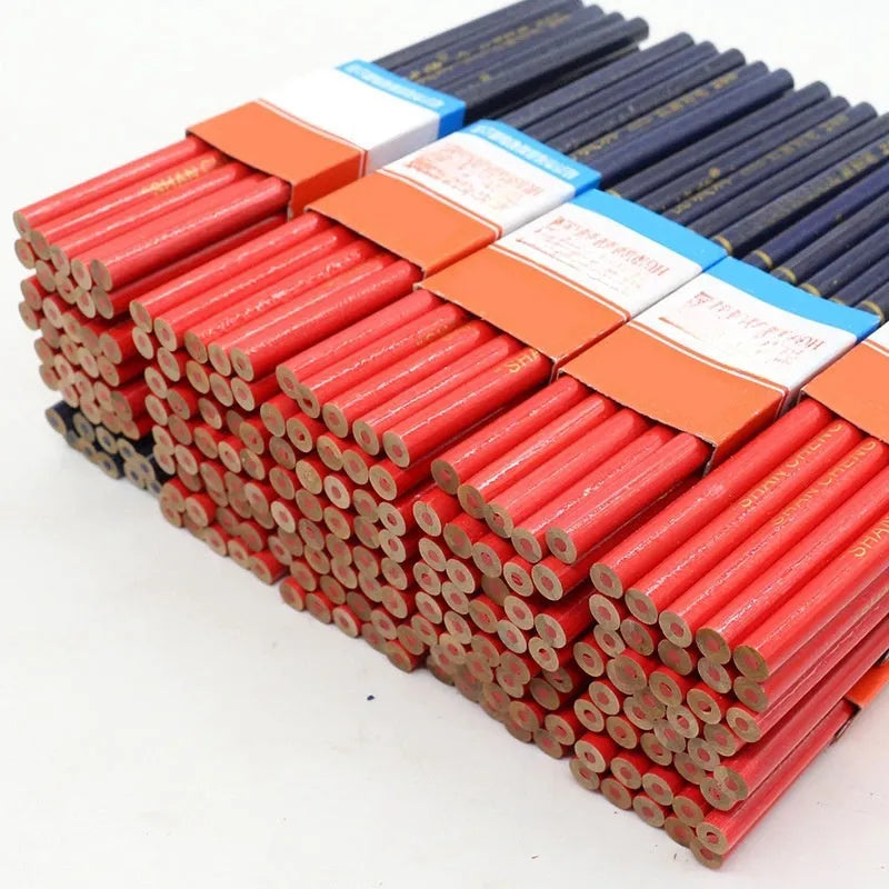 Ten red and blue two-tone round wooden carpenter's pencils for engineering and woodworking