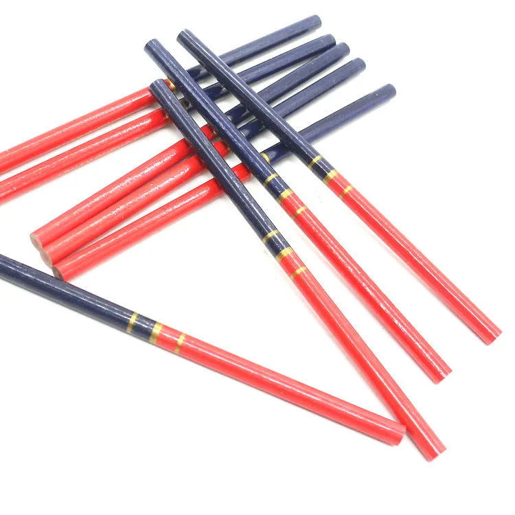 Ten red and blue two-tone round wooden carpenter's pencils for engineering and woodworking