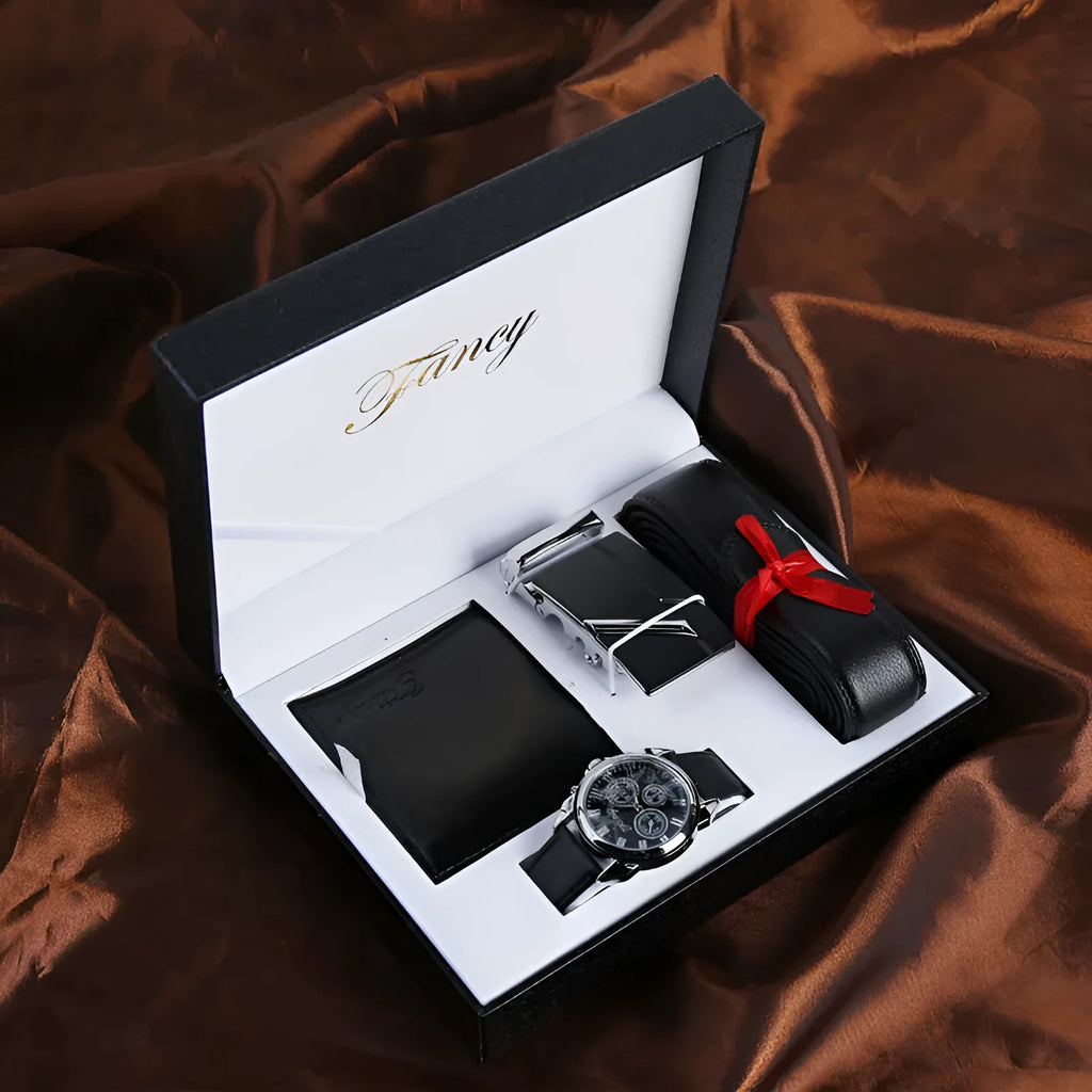Men's leather watch gift set black genuine leather strap round dial quartz movement