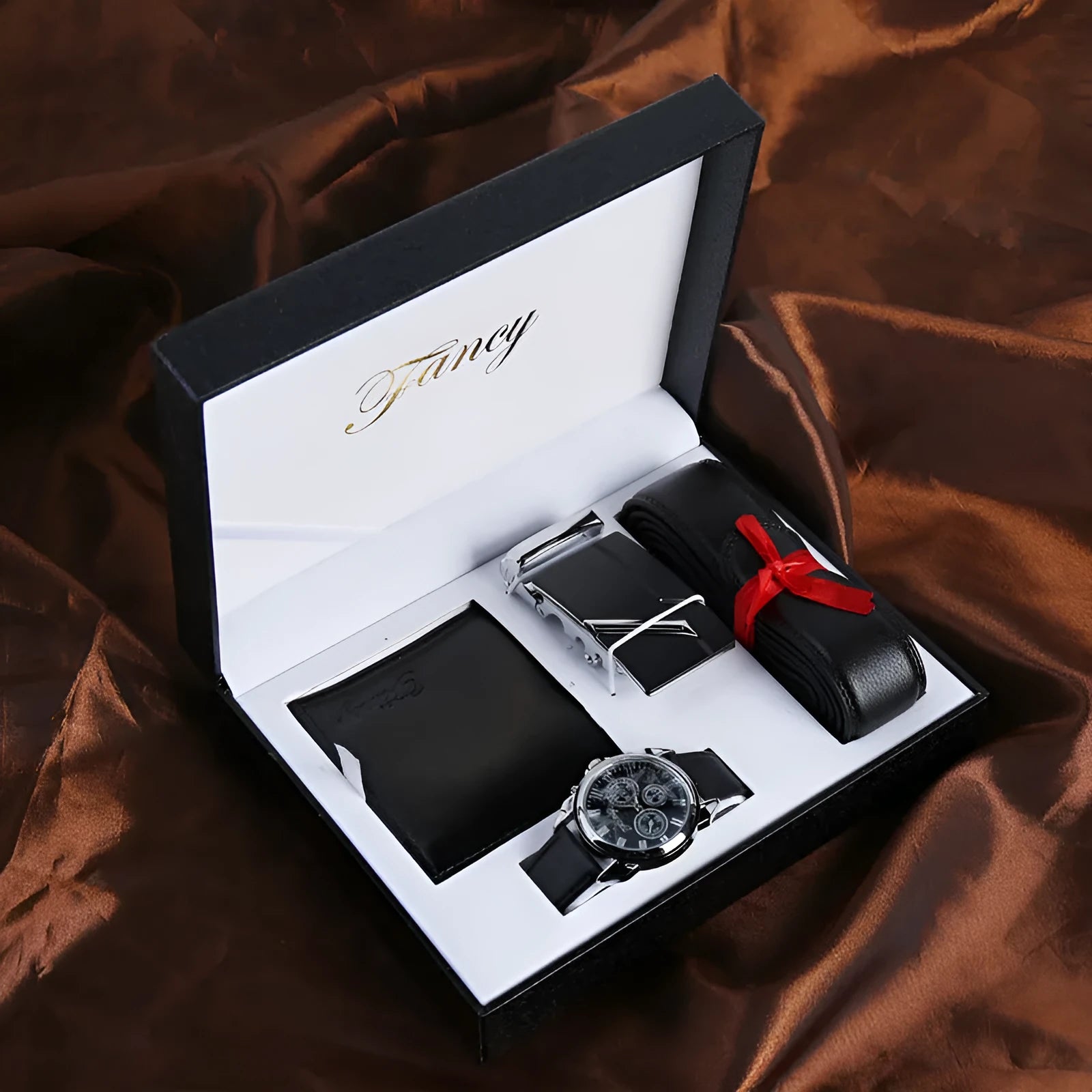 Men's leather watch gift set black genuine leather strap round dial quartz movement