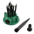 Green adjustable lawn sprinkler with multiple flexible nozzles on 9cm diameter base