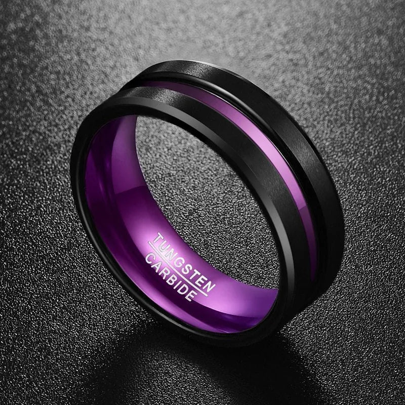 Tungsten carbide men's ring with purple inner ring and frosted groove finish on white background