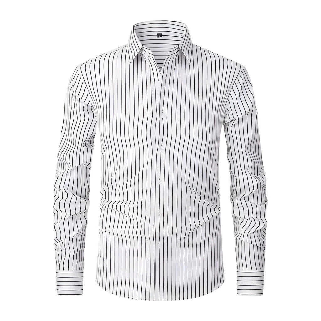 Men's striped long sleeve business shirt in polyester blend ice silk fabric