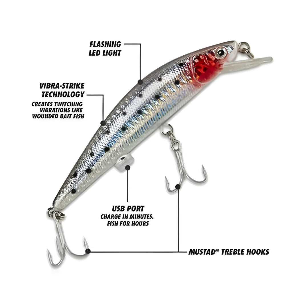 Rechargeable twitching fish lure with USB charging, lights up in the dark