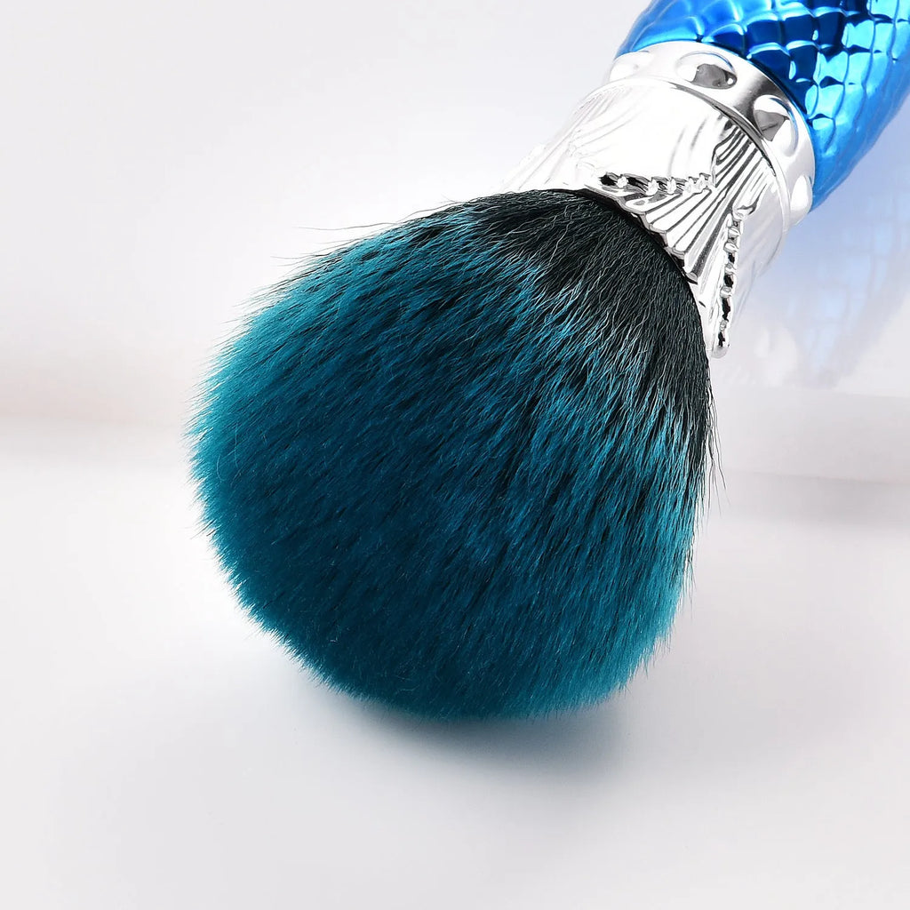 Demon blue single makeup brush with nylon bristles and plastic handle, 15cm by 5cm by 5cm, in OPP package