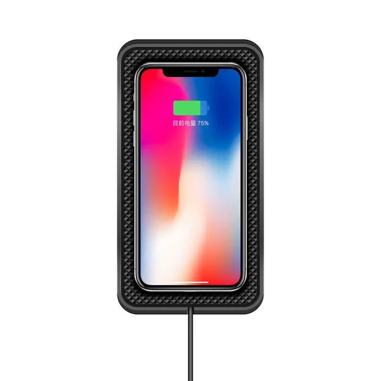 Black anti-slip car wireless charger compatible with Apple iPhone, 175x93x14mm, placed on car dashboard