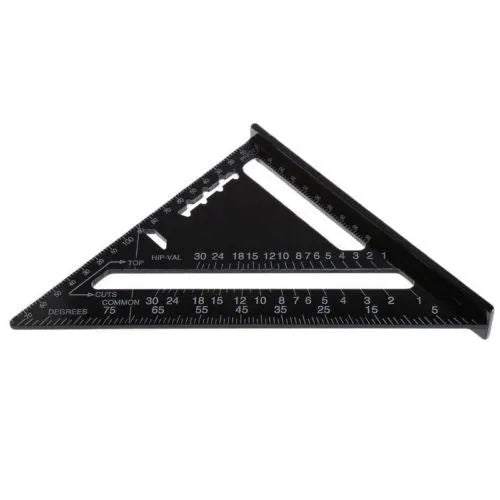 Black aluminium alloy triangle square ruler showing 90-degree and 45-degree angles with metric graduations