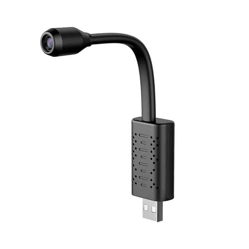 Black V380 wireless USB HD camera showing compact size and USB connection port.